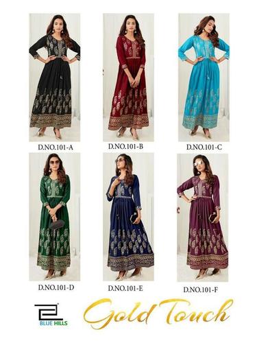 Gold Touch Designer Heavy Rayon 14kg Foil Print Kurtis - Heavy Rayon, Sizes L(40) to 10XL(60), Length 1270 mm, 3-4th Sleeve, Traditional Ethnic Style | Quick Dry, Washable, Custom Logo