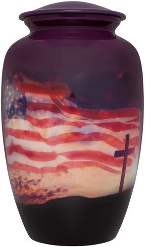 Flag & Cross Cremation Urn - Aluminium, 10" Tall x 6" Diameter, Printed Color Finish - Professional Design with Threaded Lid and Polished Surface