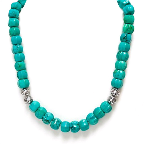Stone Turquoise Kharbuja Shape With 92.5 Silver Beads Necklace