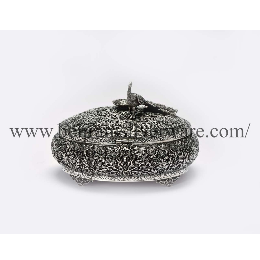 Perched Peacock Round Silver Box