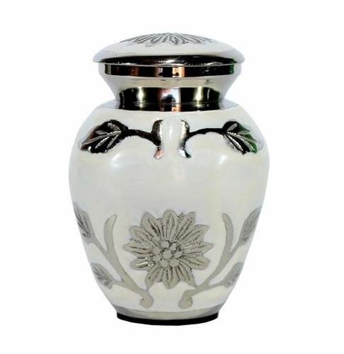 White Grace Keepsake Urn - Brass Material, 2.8" High x 1.5" Diameter , Polished White & Silver Finish, Threaded Compartment Design