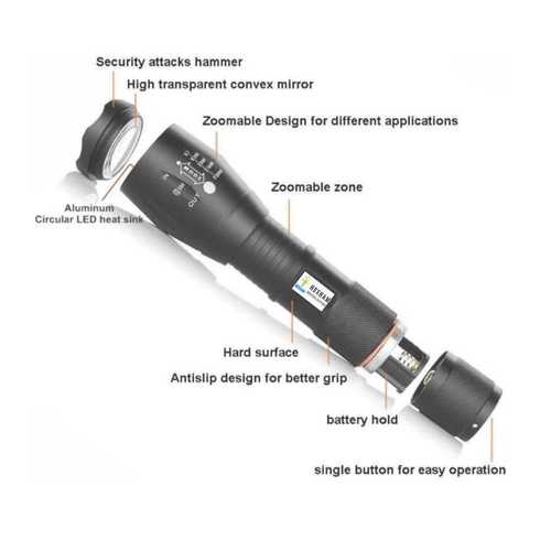 Diamond Super Bright Led Flashlight Torch (Rechargeable) - Color: Black