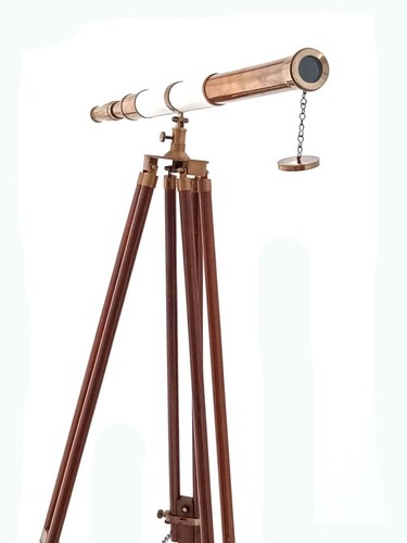 Brass Telescope with white leather and wooden stand