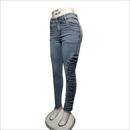 Ladies Side Slit Ripped Denim Jeans - Blue - Sage Clothing