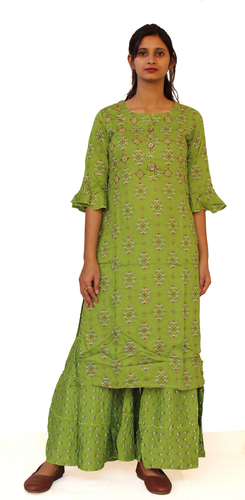 Cotton Kurti - Knee Length, Green Printed Design | 3/4 Sleeves, Regular Fit, Round Neck