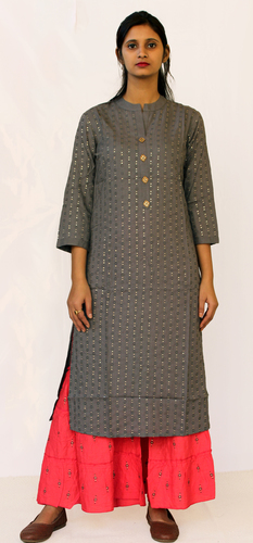 Designer Kurti - Cotton, 45 Inches Length, Gray Color | Gold Embroidery, Comfortable Fit, Elegant Look, Relaxed Fit, Stylish Design, 3/4 Sleeve