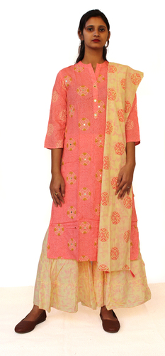 Ladies Kurti - Cotton, Knee-Length , Pink Printed Design with Three-Quarter Sleeves and Mandarin Neckline