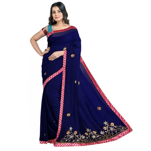 Ladies Saree - Soft Silk, 5.5 Meters, Navy Blue with Pink and Gold Border | Elegant Design, Intricate Floral Embroidery, Comfortable Wear, Trendy Style