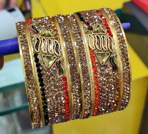 Fancy Bangles - Metal & Stones, 60-70 mm Diameter, Gold Color, Polished Finish | 6 Bangles for Special Occasions and Festivals