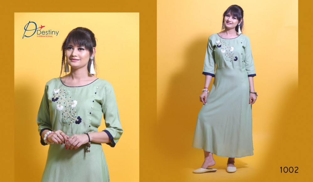 Destiny International Delight Vol-1 Rayon Rich Look Art Hand Work Kurti Catalog