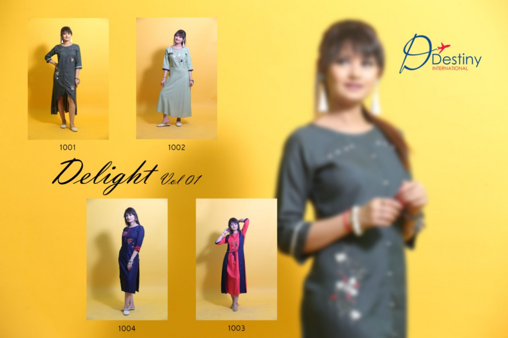 Destiny International Delight Vol-1 Rayon Rich Look Art Hand Work Kurti Catalog