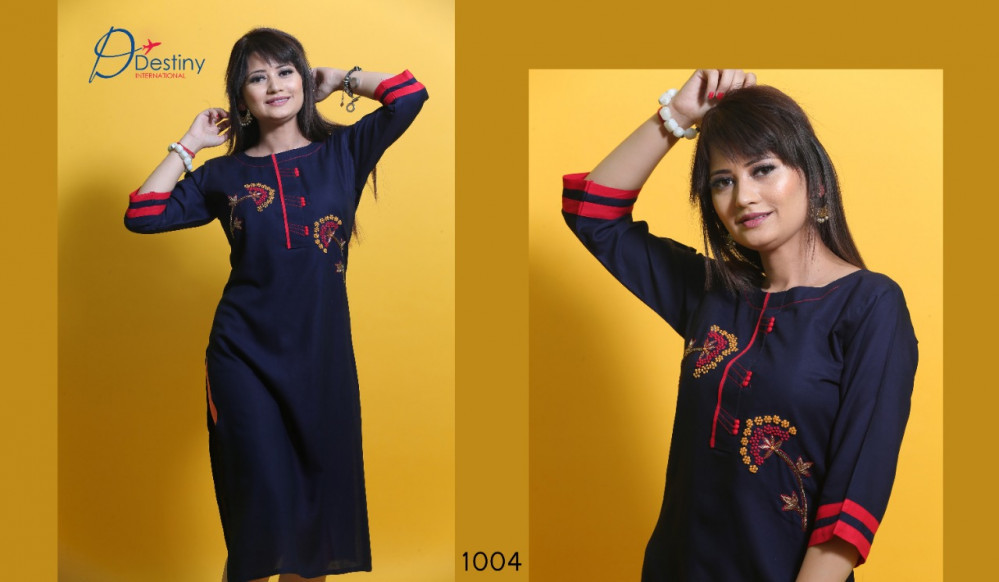 Destiny International Delight Vol-1 Rayon Rich Look Art Hand Work Kurti Catalog