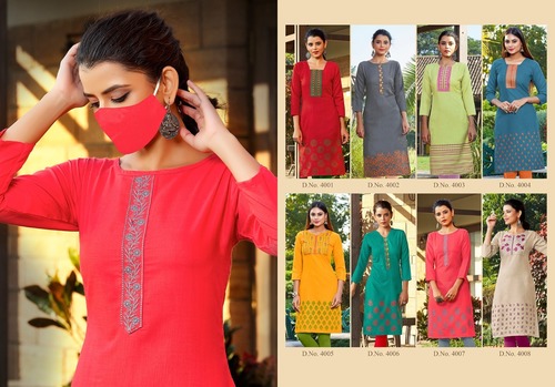 Chingari Vol-4 Designer Cotton Long Kurtis - Heavy Soft Cotton Slub, Size S-4XL | Embroidered, 3-4th Sleeve, Washable, Quick Dry, Casual & Formal Wear