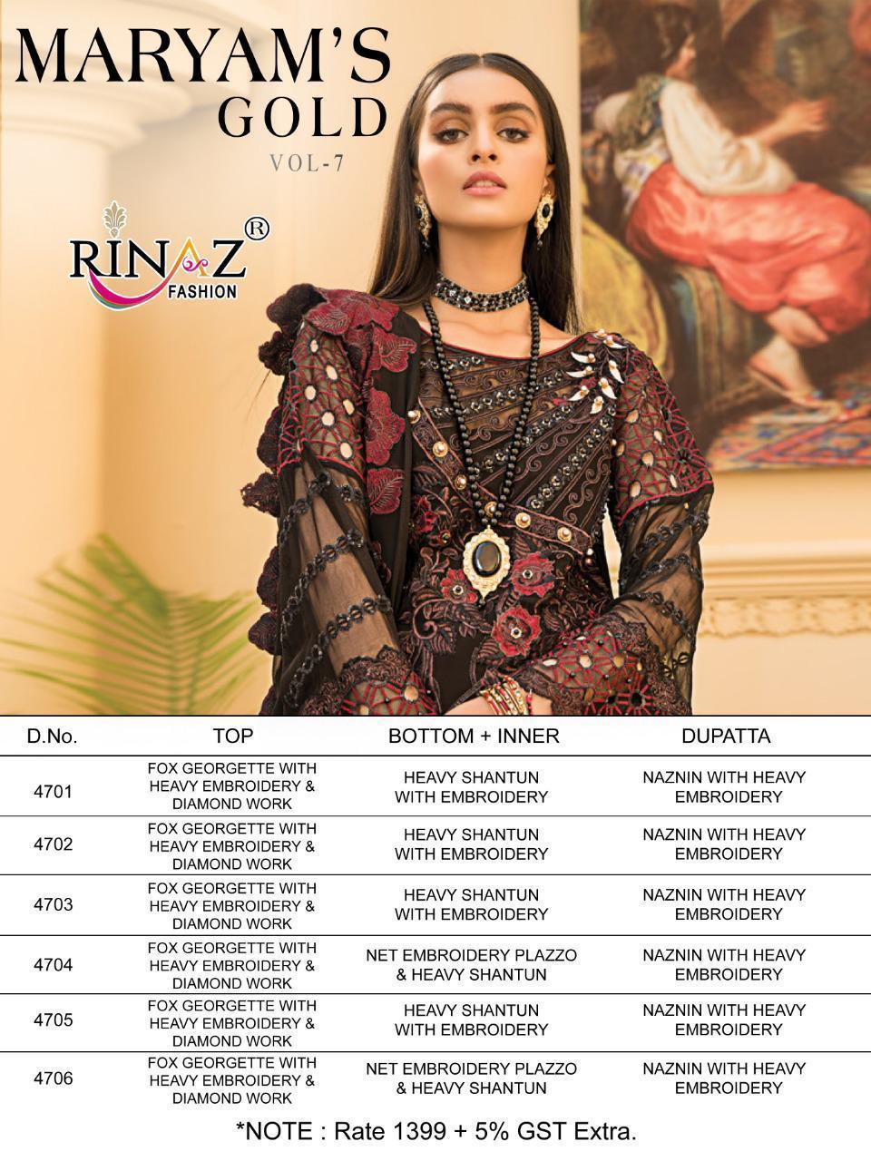 Rinaz Fashion Maryam Gold Vol 7 Fox Georgette Embroidered Pakistani Suit Catalog