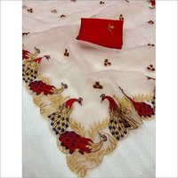 Organza Peacock - Original Pure Organza, 5.5 Meter Length, Peach Color | Beautiful Embroidery with Peacock Border and Diamond Work, All Season Wear, Non-Toxic, Dry Clean Only