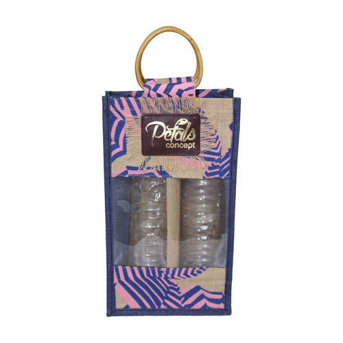 Re-Useable Pp Laminated Jute Two Bottle Bag With Window