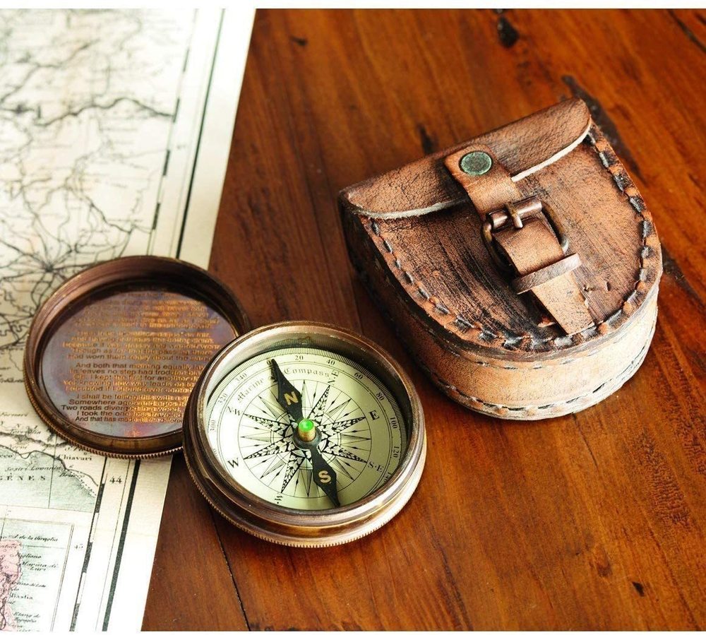 Antiqued Brass Poem Compass With Leather Case By THOR INSTRUMENTS CO.