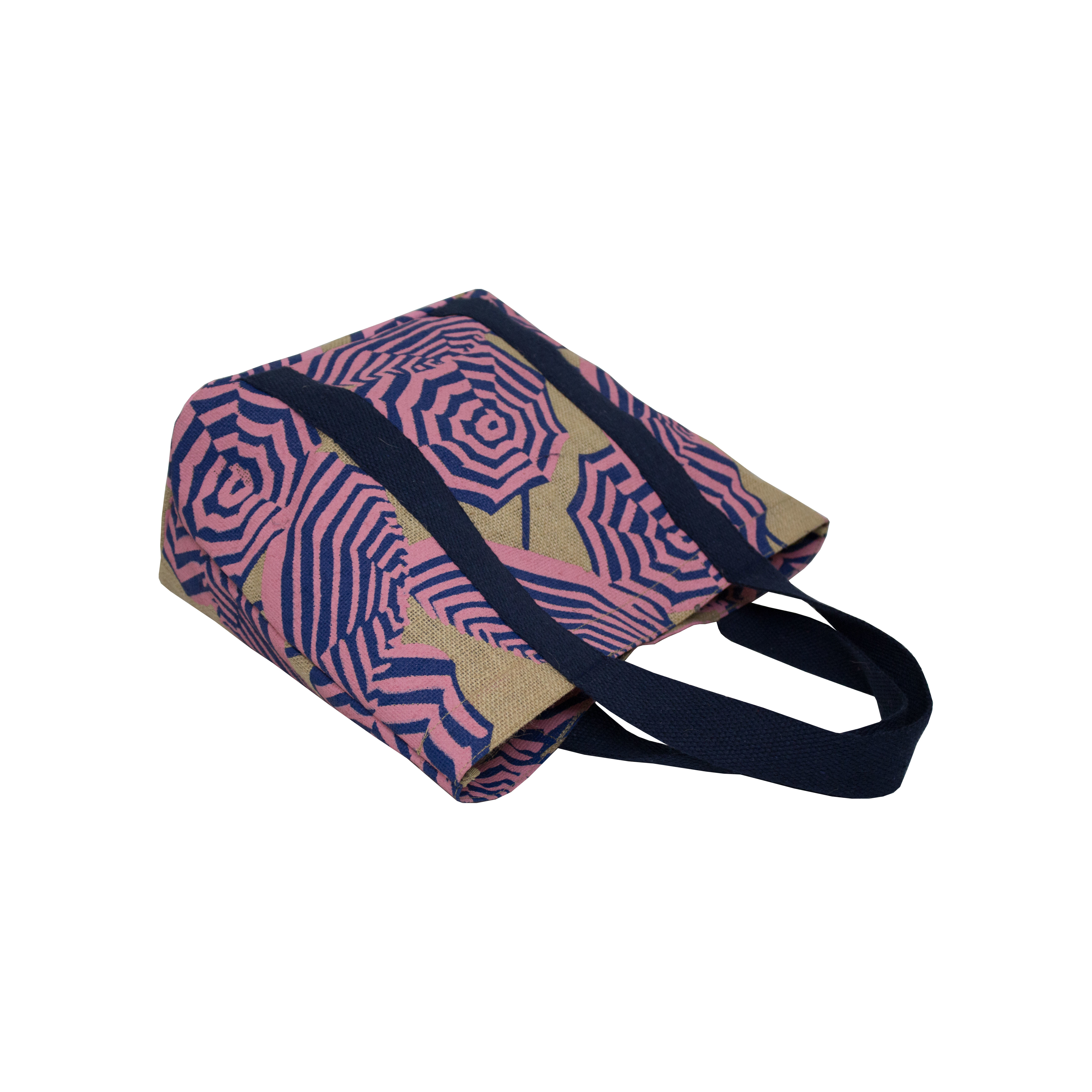 PP Laminated Jute Tote Bag With Two Color Overall Umbrella Print