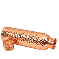 Copper Hammered Bottle - 1000 Ml Capacity, 22 Cm Height, Copper Material , Rigid Round Shape, Lacquer Protected Finish, Polished Surface