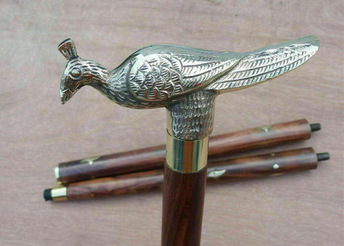 Brass Peacock Head Shiny Wooden Walking Stick, Designer wooden walking stick