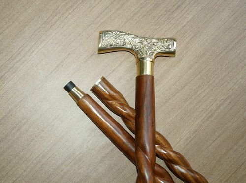 Brass Design Handle Walking Stick with Wooden Shaft Three Fold Walking Cane