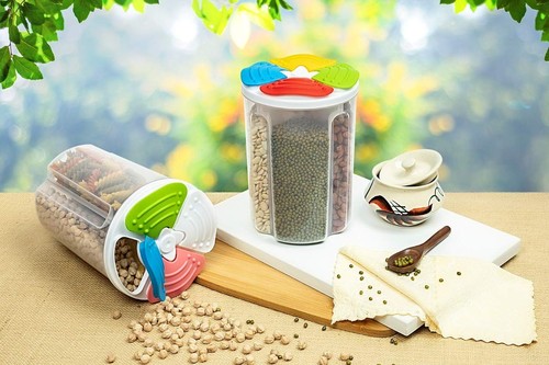 4 Section Round Cereal Jar Set - 200 ml., Multi-Color ABS Plastic Design for Spices and Breakfast Edibles with Dispenser Hole