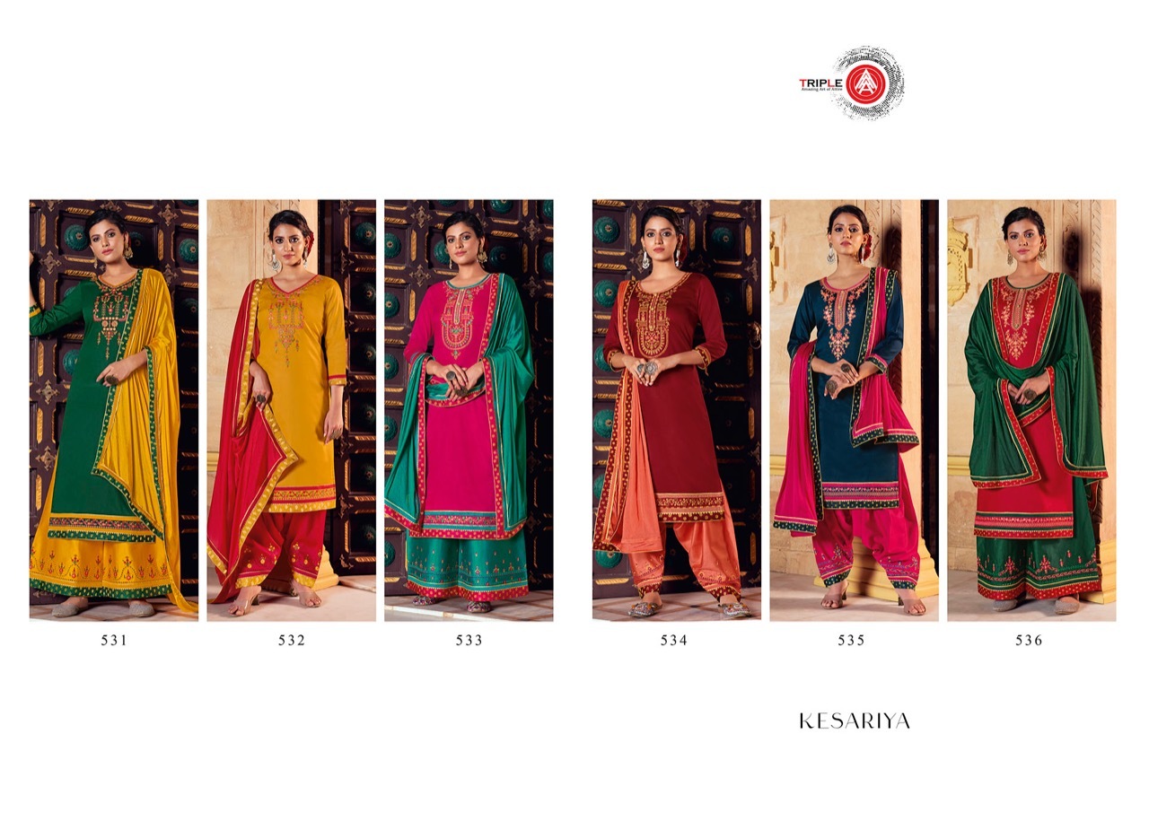 Triple A Kesariya Jam Silk With Embroidery Work Dress Material Catalog