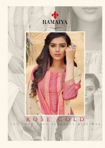 Ramaiya Rose Gold Printed Cotton With Neck Work Dress Material Catalog
