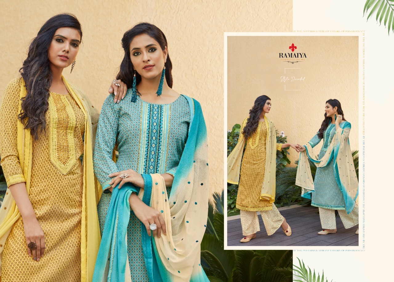 Ramaiya Rose Gold Printed Cotton With Neck Work Dress Material Catalog