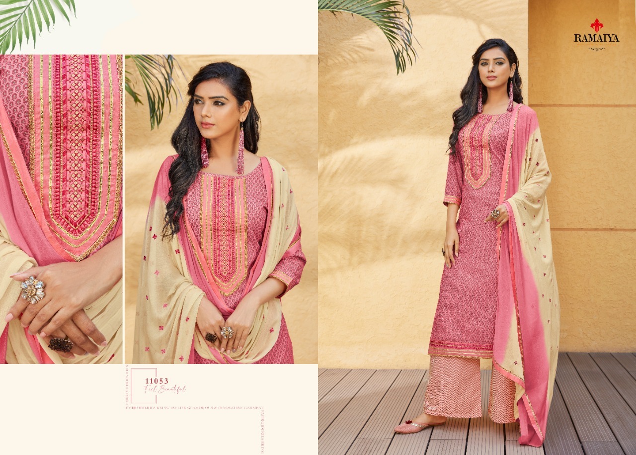 Ramaiya Rose Gold Printed Cotton With Neck Work Dress Material Catalog