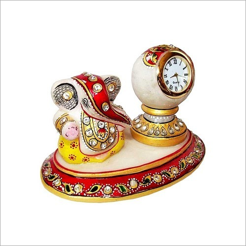 Marble Clock With Ganesh Statues