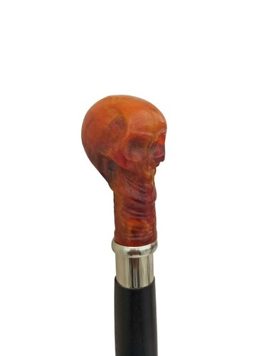 Orange Skull Head Handle Black Wooden Walking Stick