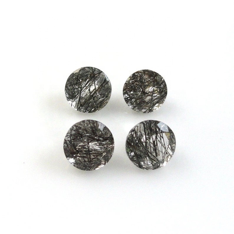 7mm Black Rutilated Quartz Faceted Round Loose Gemstones
