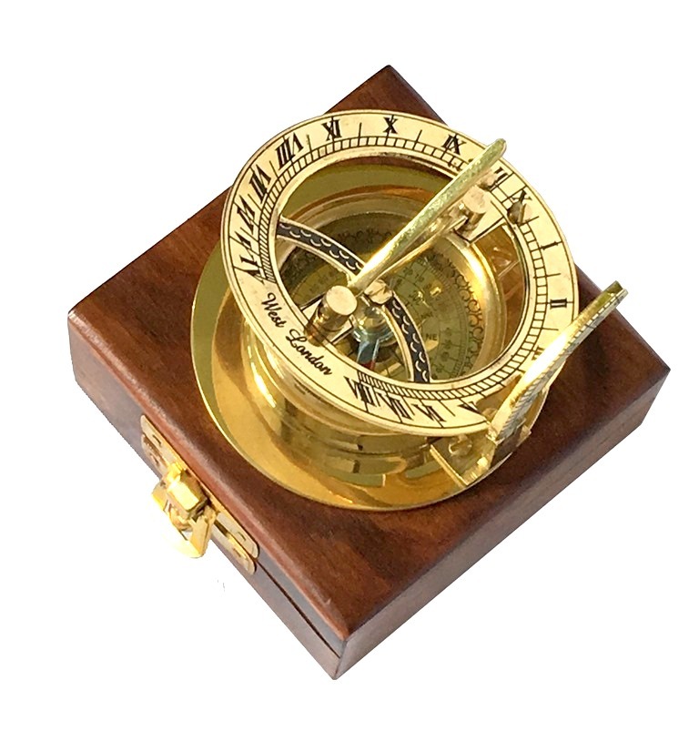 Nautical Brass Sundial Compass 2.5 Inch with Wooden Box