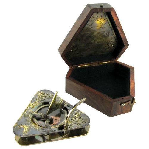 Antique Triangular Sundial Compass With Wooden Box