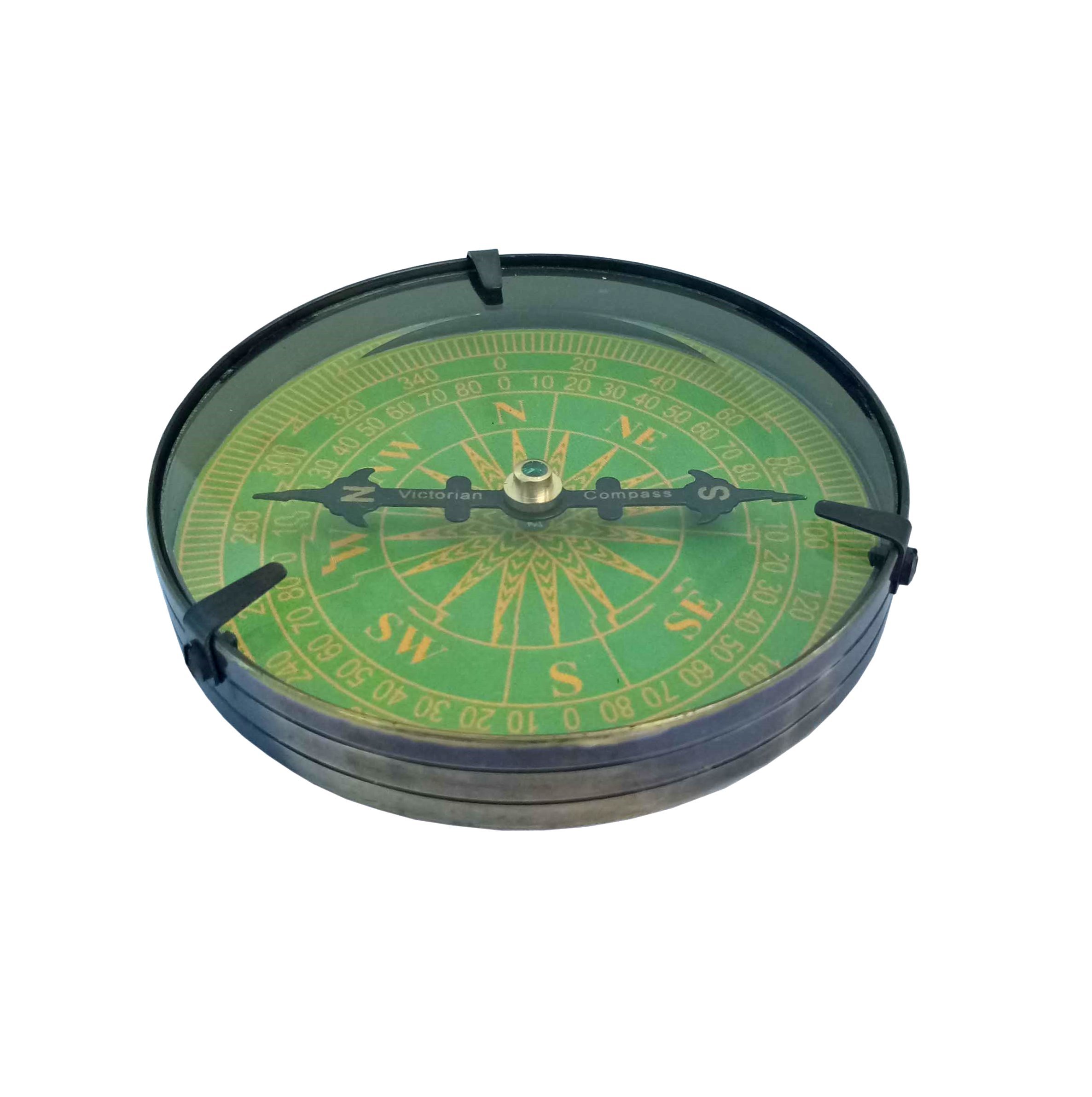 Nautical Antique Brass Flat Compass with Green Dial