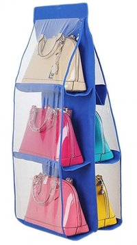 Hanging Purse Organizer - Non-woven Fabric & Transparent Pvc, 90x35cm, Pink, 6 Large Pockets, 360â° Rotating Steel Hook, Foldable, Breathable, Water-resistant Pockets