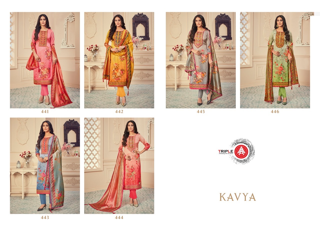 Triple A Kavya Satin Georgette Digtial Print With Embroidery Work Dress Material Catalog