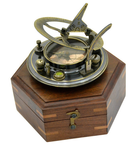 Antique Nautical Brass Round Sundial Compass with Hexagonal Wooden Box