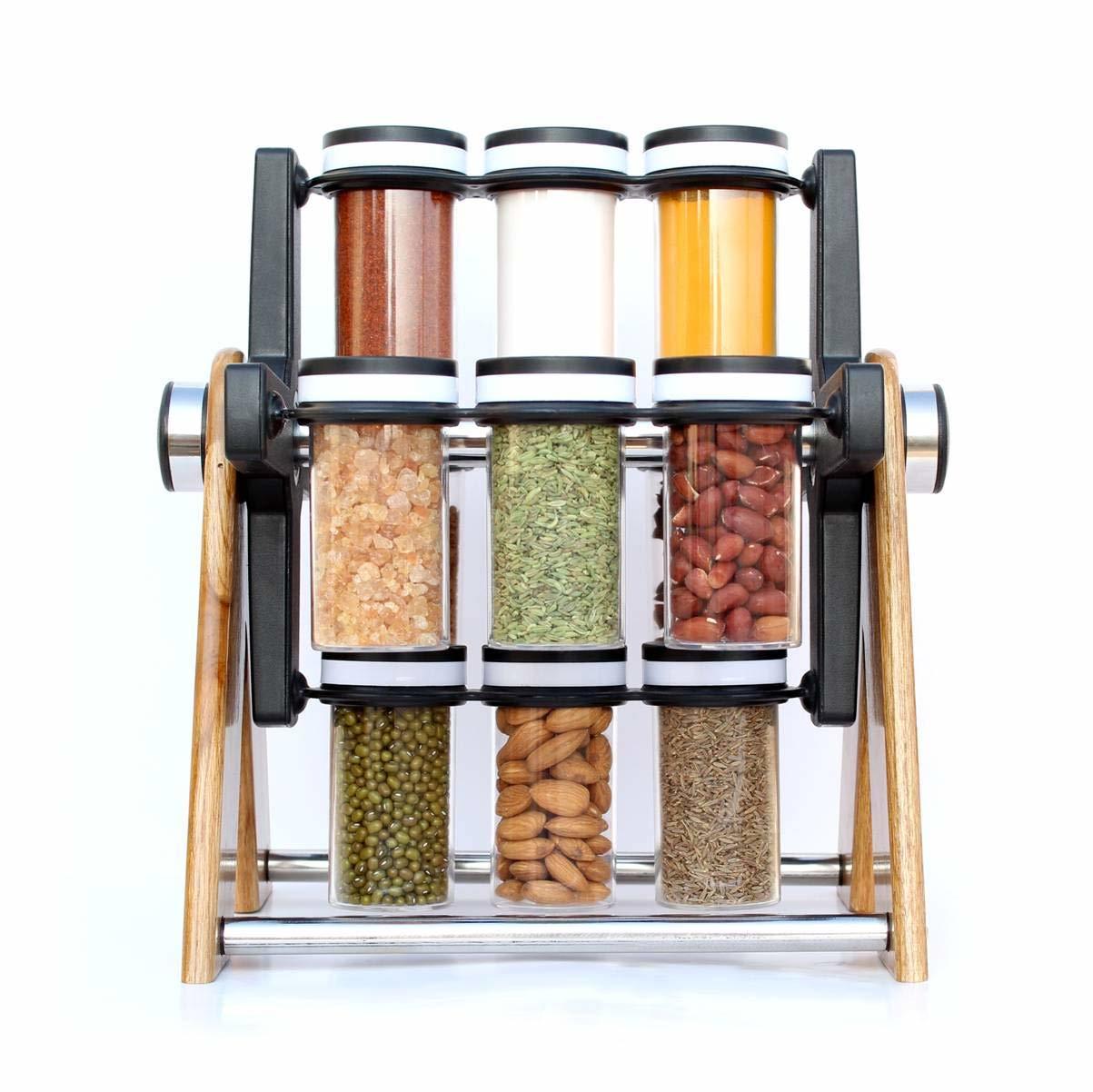 WOODEN WHEEL SPICE RACK 12 JAR