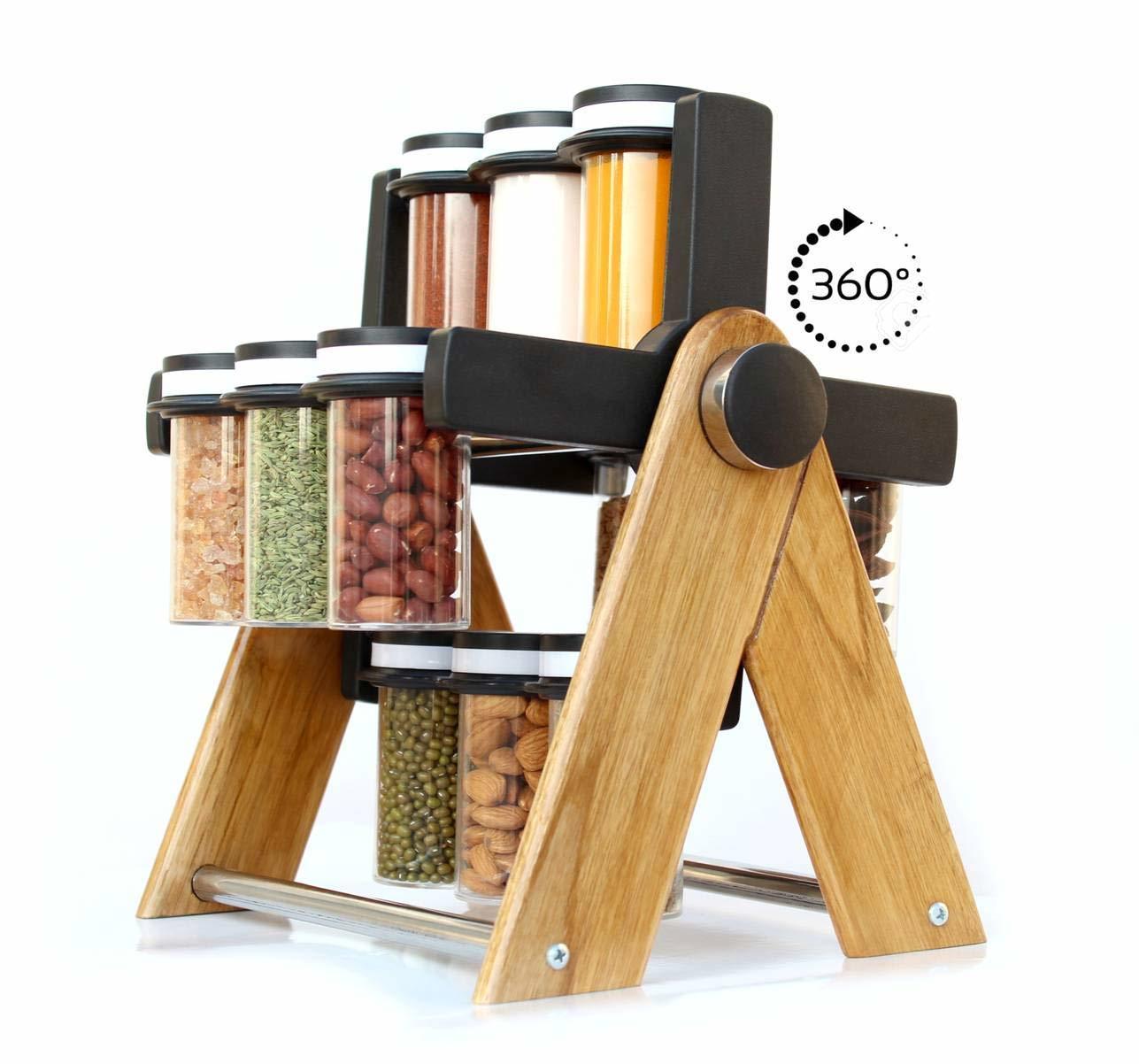 WOODEN WHEEL SPICE RACK 12 JAR