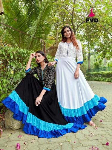 London Dreams - Long Ethnic Gown with 6.5 Mtr Ghera, Rayon Foil Print Fabric, Available in L to XXL Sizes, Features Beads and Embroidery, Breathable and UV Resistant