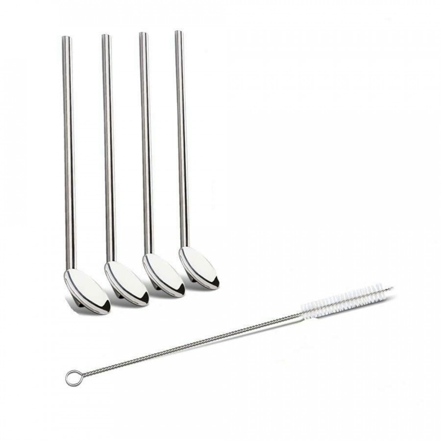 4 SET DRINKING STAWS WITH ATTACHED SPOON STAINLESS STEEL