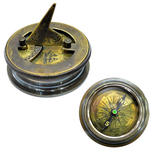 1862 Marine Antique Brass Compass with Sundial Lid