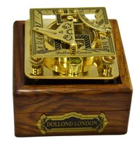 Maritime Brass Square Sundial Compass with Wooden Box