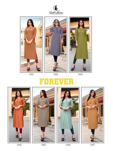 Forever Designer 14 kg Fancy Rayon Weaving Pattern With Hand Work Kurtis - 14 kg Fancy Rayon, Sizes M-3XL, 3-4th Sleeve, Embroidered Pattern, Quick Dry, Washable, for All Seasons