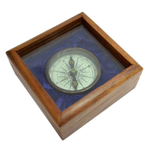 Nautical Antique Brass Flat Compass with Glass Top Box