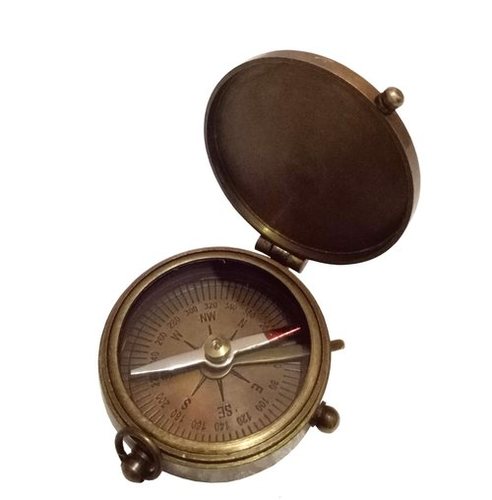 Brown Nautical Brass Flat Compass With Lid