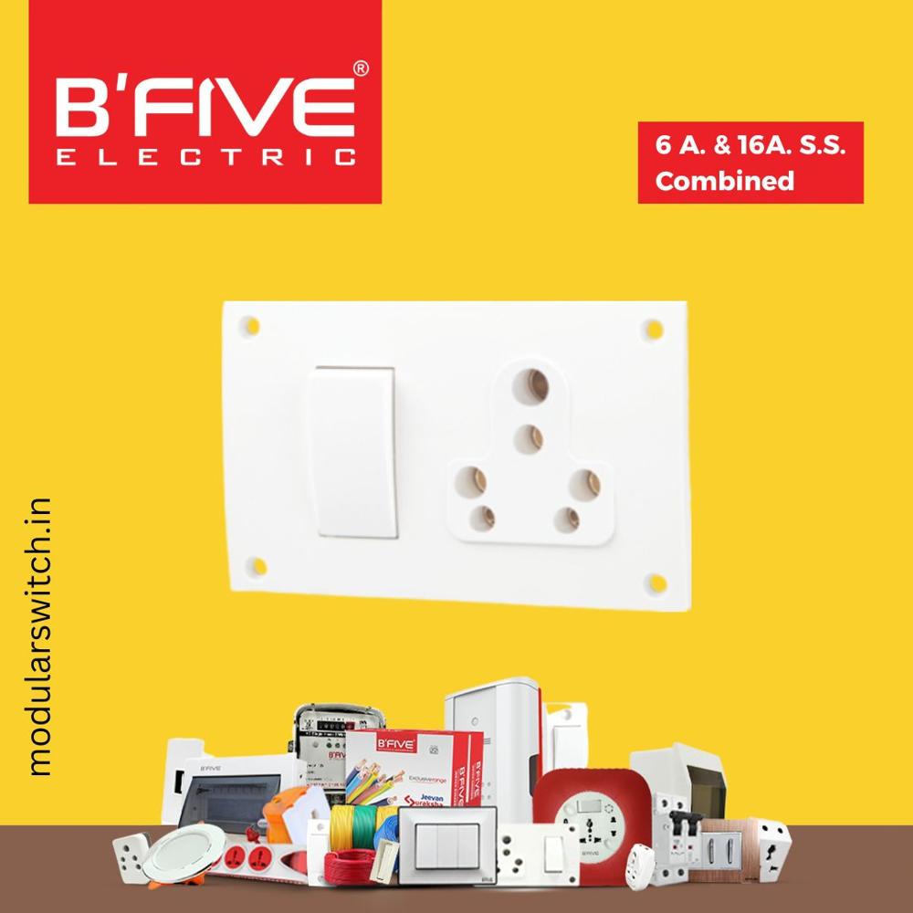 S.S. Combined Switches - 6 & 16 Amp, 240 Volt | Polycarbonate Material, White Color, IP 20 Protection, Brass D Shape Terminals, 5 Pieces