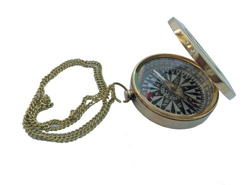 Brass Nautical Flat Compass With Chain
